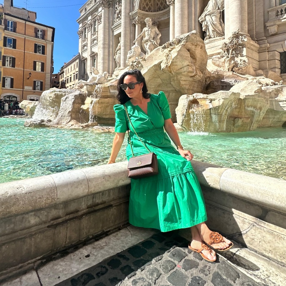 Ces Femme Bright Green Puff-Sleeve Tiered Midi Dress